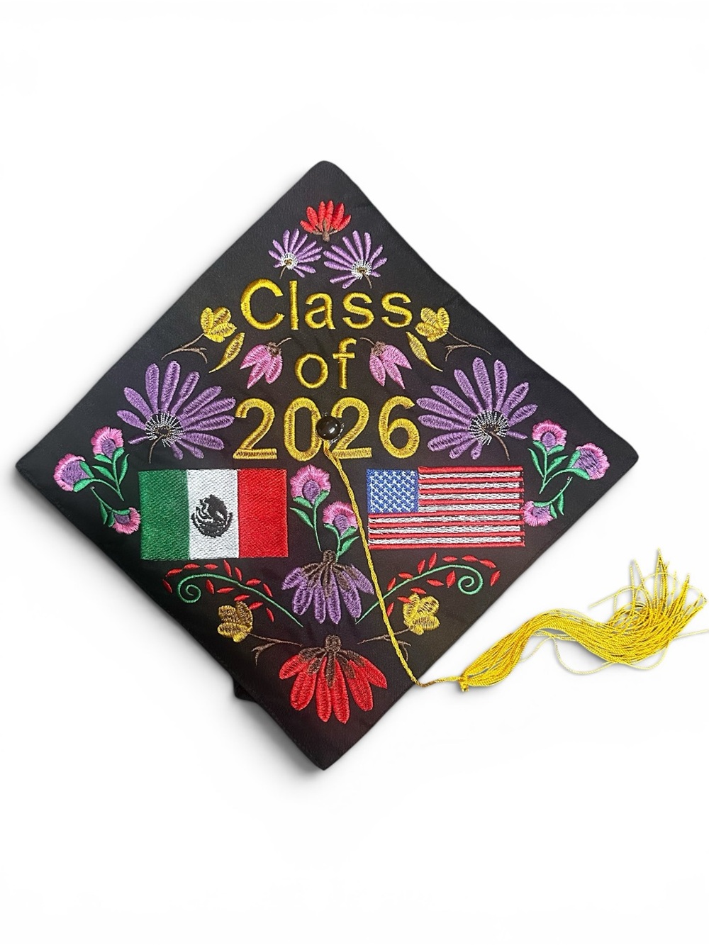 Embroidered Class of 2026 Graduation Cap - Black with Floral Accents